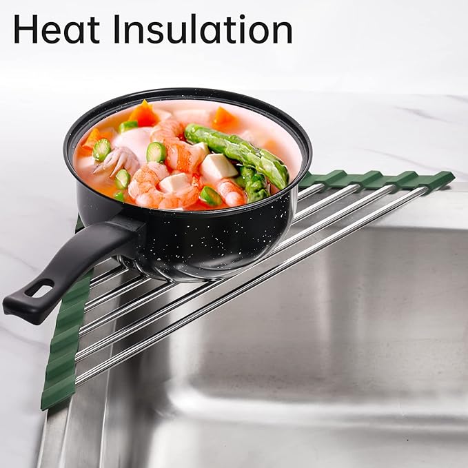 Tomorotec Triangle Roll-Up Dish Drying Rack for Sink Corner Small Foldable Stainless Steel Over The Sink Multipurpose Kitchen Drainer Caddy Organizer Storage Shelf Holder (Olive Green)