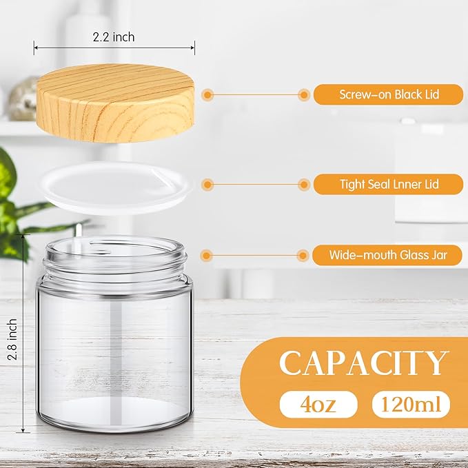 Norme 36 Pcs 4 oz Glass Jars with Lids Empty Small Glass Containers and Inner Liners Reusable Cosmetic Jars Round Airtight Bottles with Plastic Woodgrain Lids for Travel