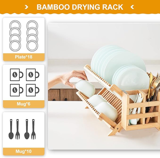 Bamboo Dish Drying Rack, 3-Tier Collapsible Wooden Dish Rack with Utensil Holder, Bamboo Dish Drainer Rack for Kitchen Counter 25pcs