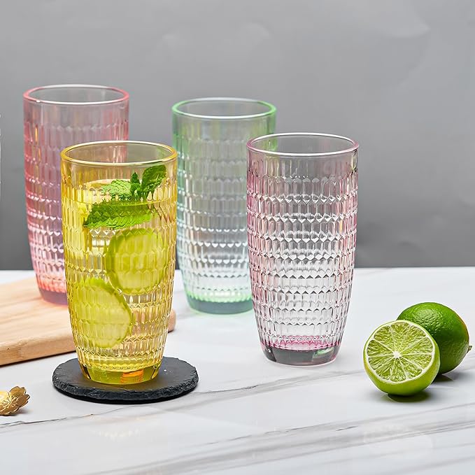 CREATIVELAND Highball Beverage Glasses Set of 6 Romantic Colored Thick & Heavy Base Big Capacity 14.87oz|440ml, Drinking Glass Tumblers for Iced Tea, Water, Soda & Juice and Cocktails (Yellow)