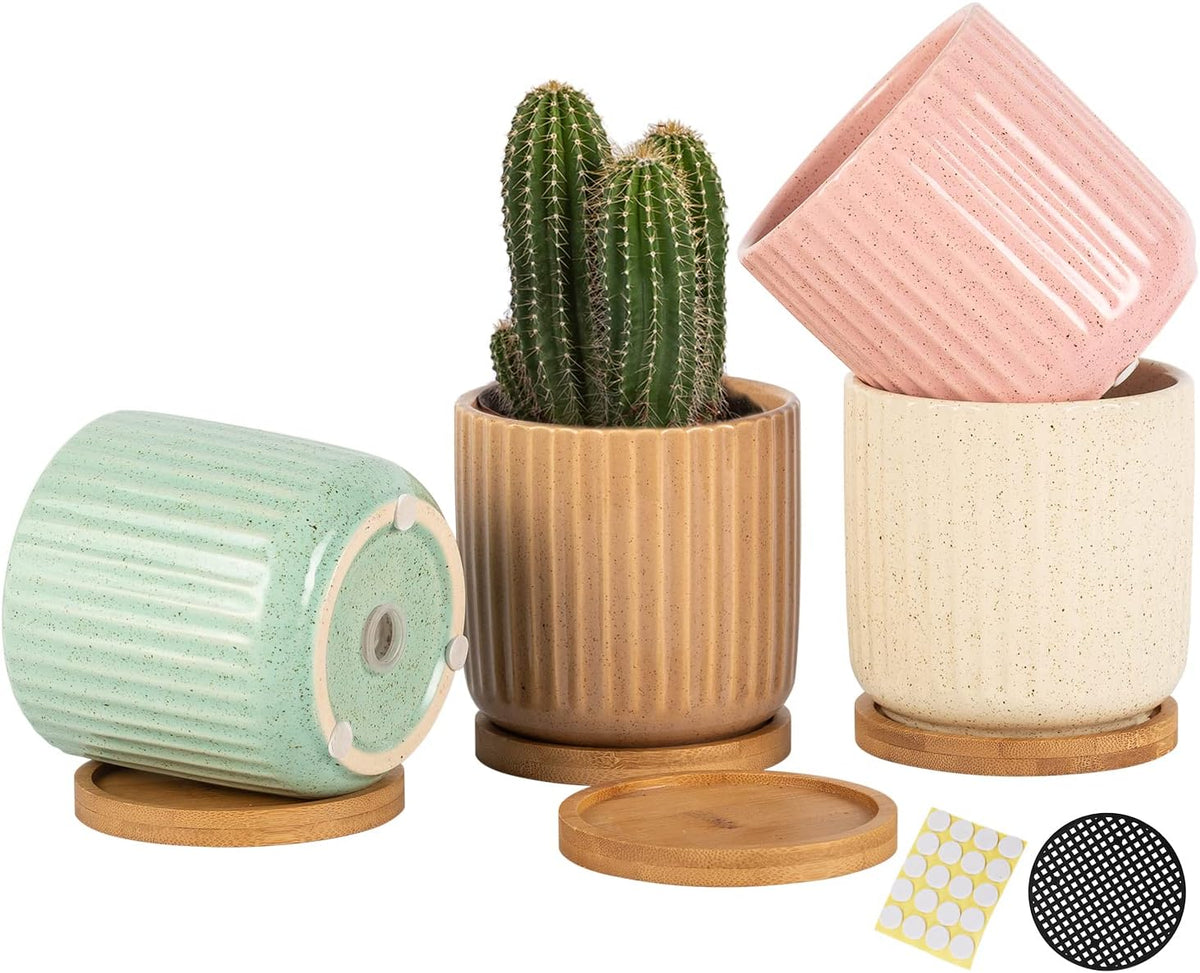 TAMAYKIM 4 Inch Cylinder Ceramic Boho Plant Pots with Drainage Hole and Saucer, Glazed Multicolor Flower Pots for Succulent, Snake Plant, Cactus and Herbs, Set of 4 (Plant Not Included)
