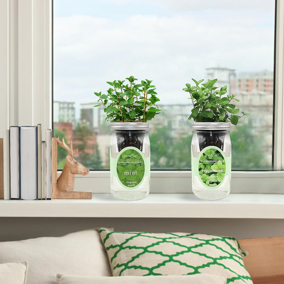 2-Pack Hydroponic Mason Jar Herb Garden Kit, Indoor Herb Garden Self-Watering Starter Kit (Mint,Peppermint)