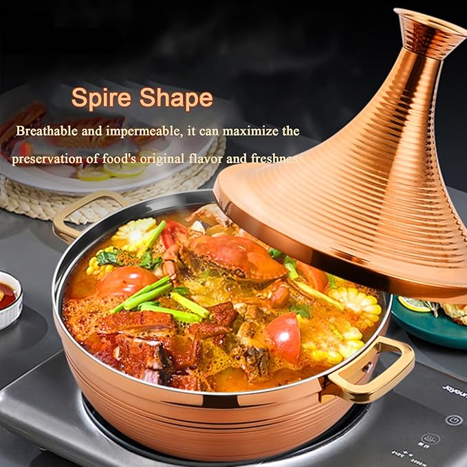 Stainless Steel Moroccan Tagine Pot, Large Moroccan Tajine Casserole with Cone-Shaped Lid, Non Stick Tagine Cooking Pot with 2 Handles(26cm/10.2in, Gold)