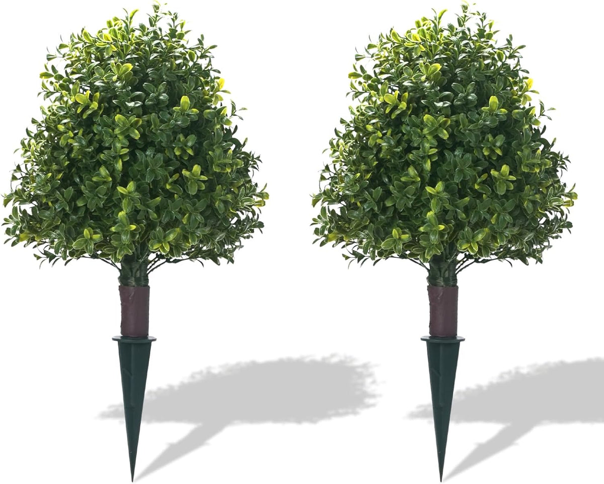 20" Artificial Boxwood Topiary Balls Trees with Ground Spike, 2 Pack UV Resistant Artificial Shrubs, Fake Evergreen Artificial Plant Brush for Indoor Outdoor Front Porch Garden