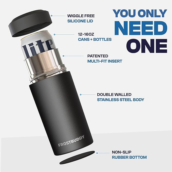 Frost Buddy Universal Buddy Can Cooler - Fits All - For Regular 12 & 16 oz or Slim-Size Bottles - Insulated Double-Walled Stainless Steel (Orange)