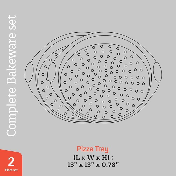 Non-Stick Pizza Pan with Silicone Handle 2 Pack, 13 Inch Round Carbon Steel Tray with Perforated Holes, Dishwasher & Oven Safe Up To 450°F, PFOAPFOSPTFE Free, Durable Nonstick Gray Marble Coating