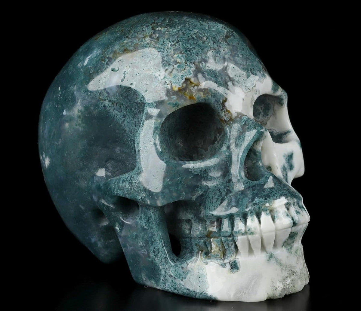 Skullis 5.0" Green Moss Agate Crystal Skull, Hand Carved Gemstone Fine Art Sculpture, Reiki Healing Stone Statue.2057