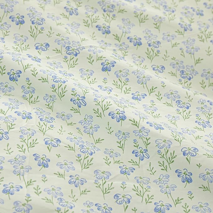 Green Ruffle Comforter Set Full Size Girls Blue Flowers Comforter Fluffy Soft Vintage Floral Bedding Set Cottagecore Botanical Floral Comforter Set with 2 Ruffle Lace Pillowcases for All Seasons