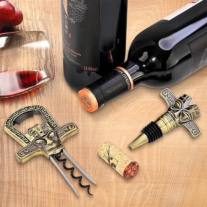 Professional Wine Opener Set for Old & Fragile Corks - 3-in-1 Cork Extractor Removes Older Wine Corks Whole & Intact, Beer Bottle Opener with Elegant Zinc Alloy Base & Stopper Set (Antique Copper)