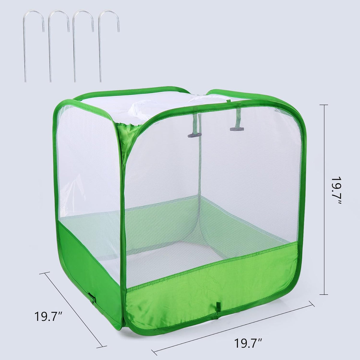 Mesh Plant Cover for Outdoor, Plant Netting Protector Garden Cover Cloche for Fruit, Vegetables, Strawberry, Flowers and Herbs Pop-Up Cage with 4 Stakes (White with Green, 19.7" x 19.7" x 19.7")