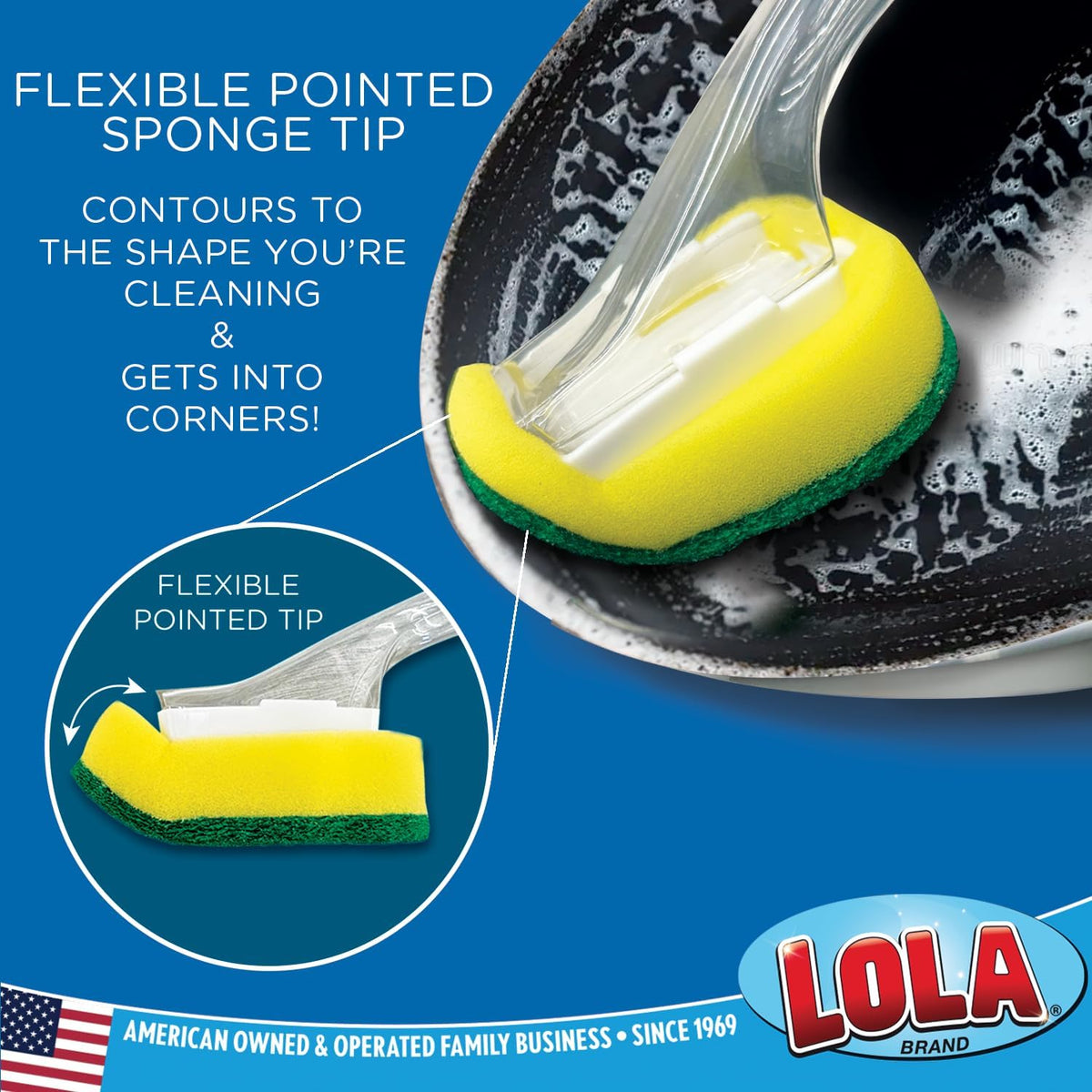 Lola Products Dish Brush w/Soap Dispenser Wand, Absorbent Sponge Scrubber, No Leaking. Clean Dishes, Sinks and Cookware, 1 Brush w/Head & 6 Refills