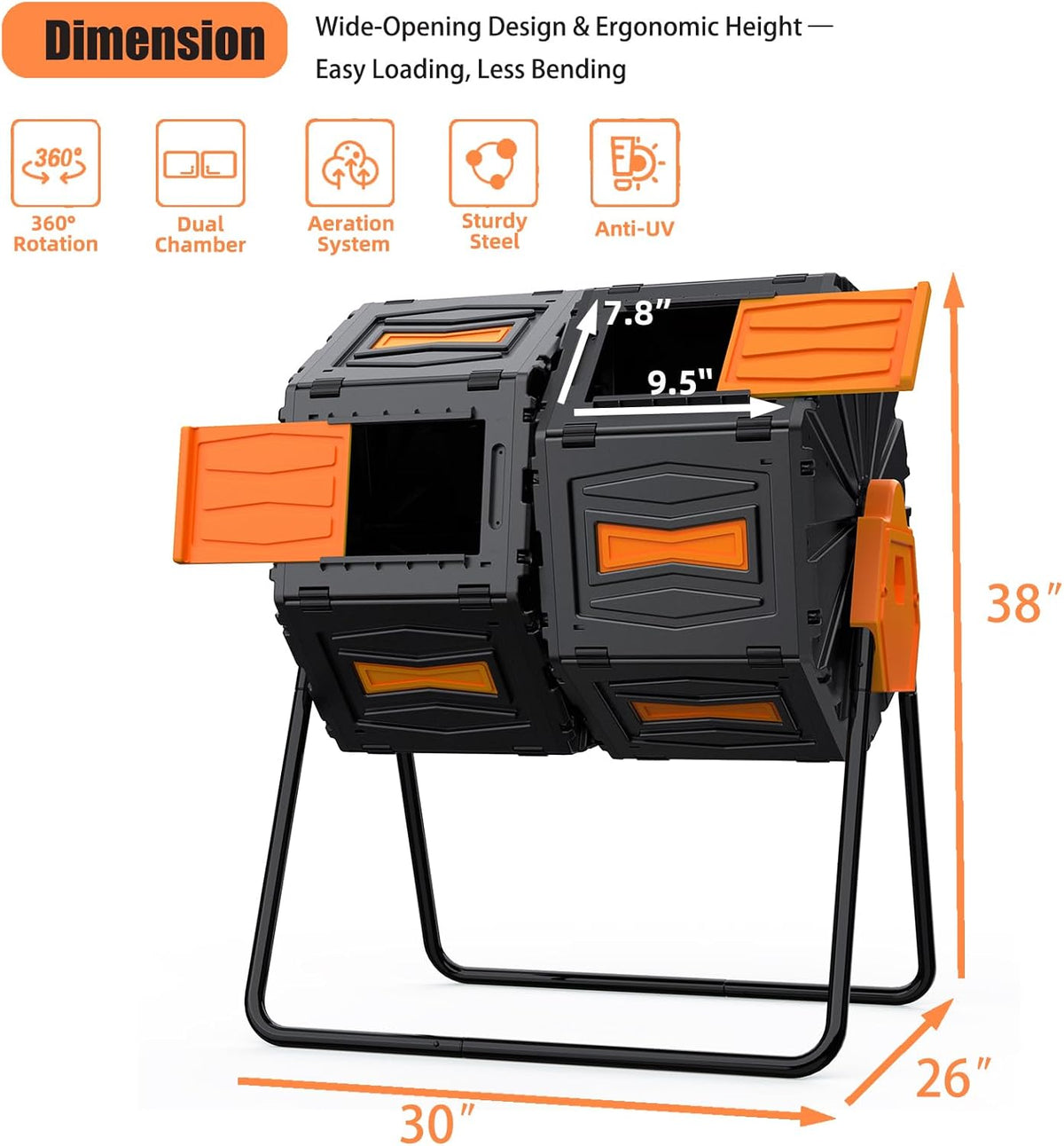 Compost Bin, 45 Gallon Dual Chamber Composter Tumbler, 360 Rotating Compost Bin Outdoor BPA-Free Fast-Working Tumbling Compost Barrel, Large Composting Bin Kitchen Garden Compost Tumbler