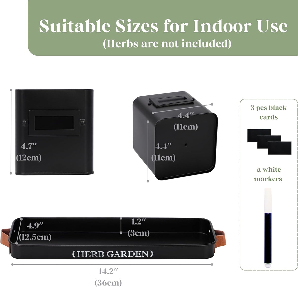 PERFNIQUE Indoor Herb Garden, Herb Planter Set with Tray, Farmhouse Indoor Plant Pots, Windowsill Herb Garden with Drainage(Planter only) for Indoor/Outdoor, Window Pots(Matte Black)