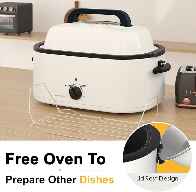 RoyalCraft 22-Quart Electric Roaster Oven with Visible Self-Basting Lid, Turkey Roaster Oven with Removable Pan and Rack, Perfect for Large Meals and Holiday Feasts, White