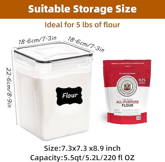 5.2L (175oz) 4-Pack Airtight Food Storage Containers with Organization Kit - BPA-Free Plastic Canisters for Flour, Sugar, Rice & Baking Supplies, Includes Lids, Measuring Cups & Labels, Black