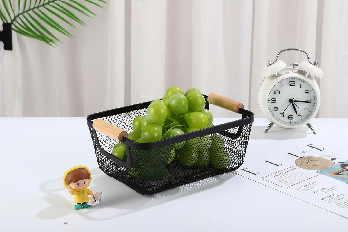 2 Pack Metal Mesh Steel Basket, Small Wire Storage Organizer Basket Multi-function Hanging Kitchen Basket Fruit Baskets with Wood Handle for Kitchen Picnic Cabinet Home Decor, Rectangle-Black