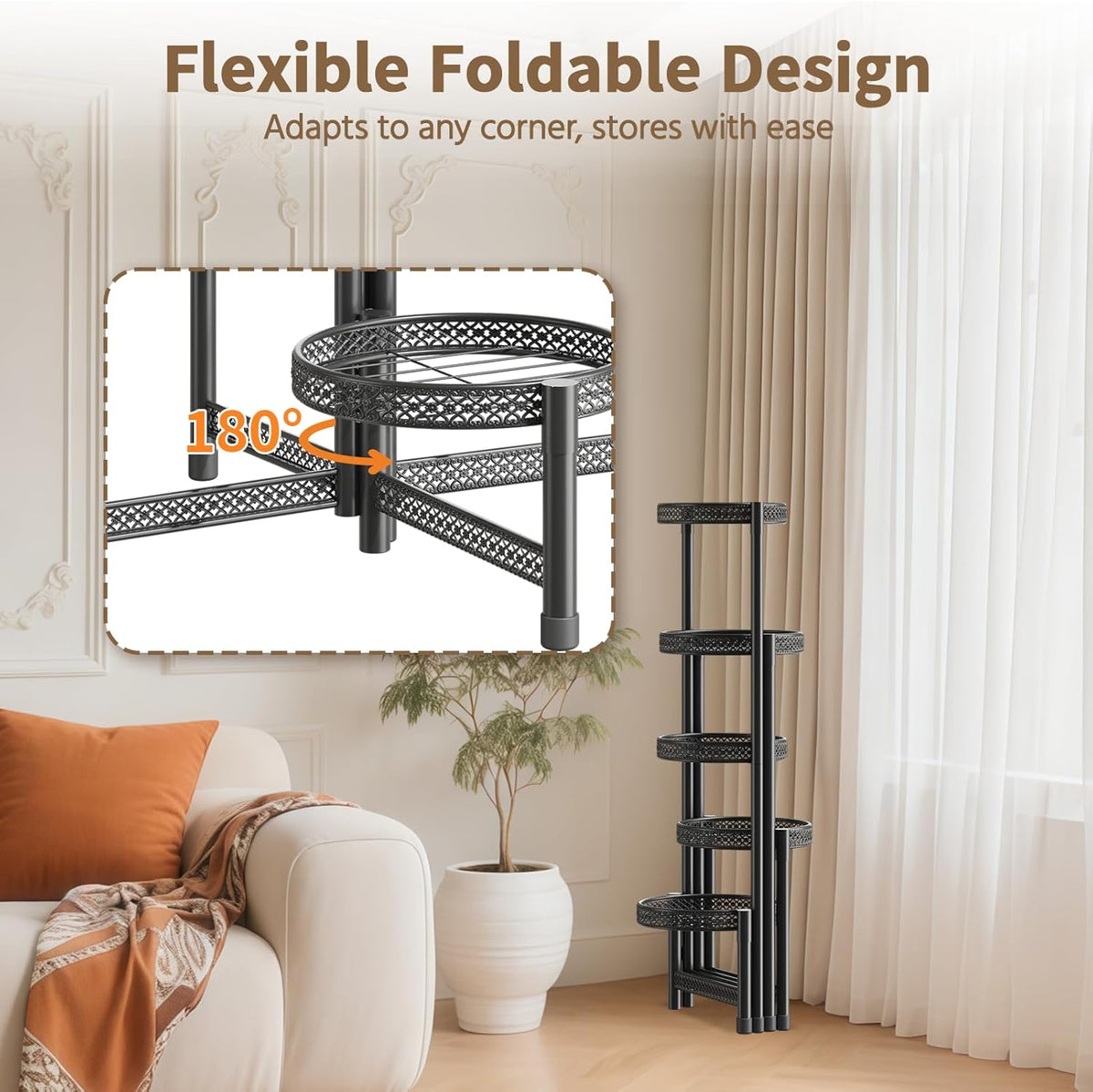 LASZOLA 5 Tiered Folding Tall Plant Stand Indoor Outdoor for Large Planter, Heavy Duty Metal Adjustable Multiple Flower Rack for Corner, Wrought Iron High Spiral Holder for Modern House Patio, Black