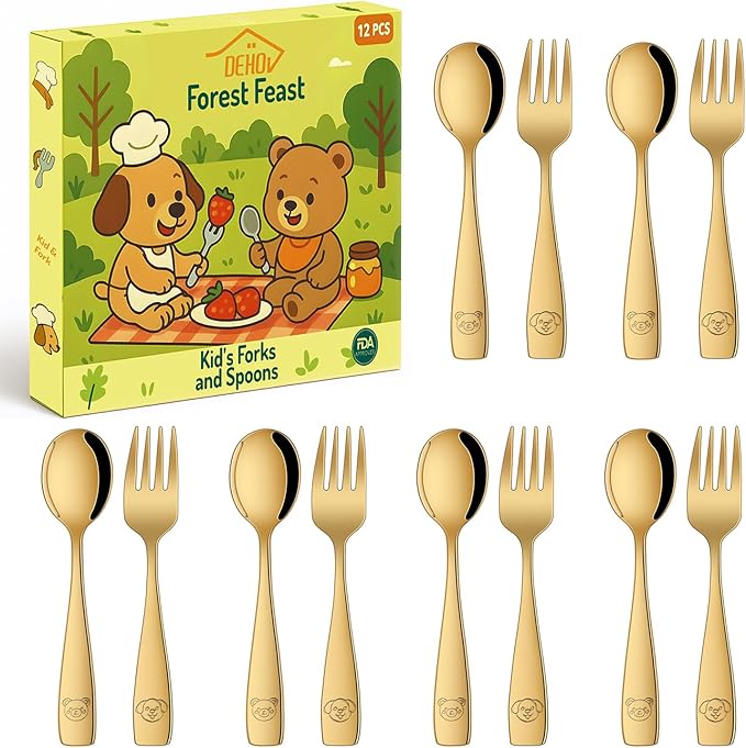 DEHOV Gold Toddler Eating Utensils Set,Set Of 12 Food Grade Stainless Steel Silverware Sets For Kids,Dishwasher Safe Children Small Metal Spoons And Forks Flatware Sets