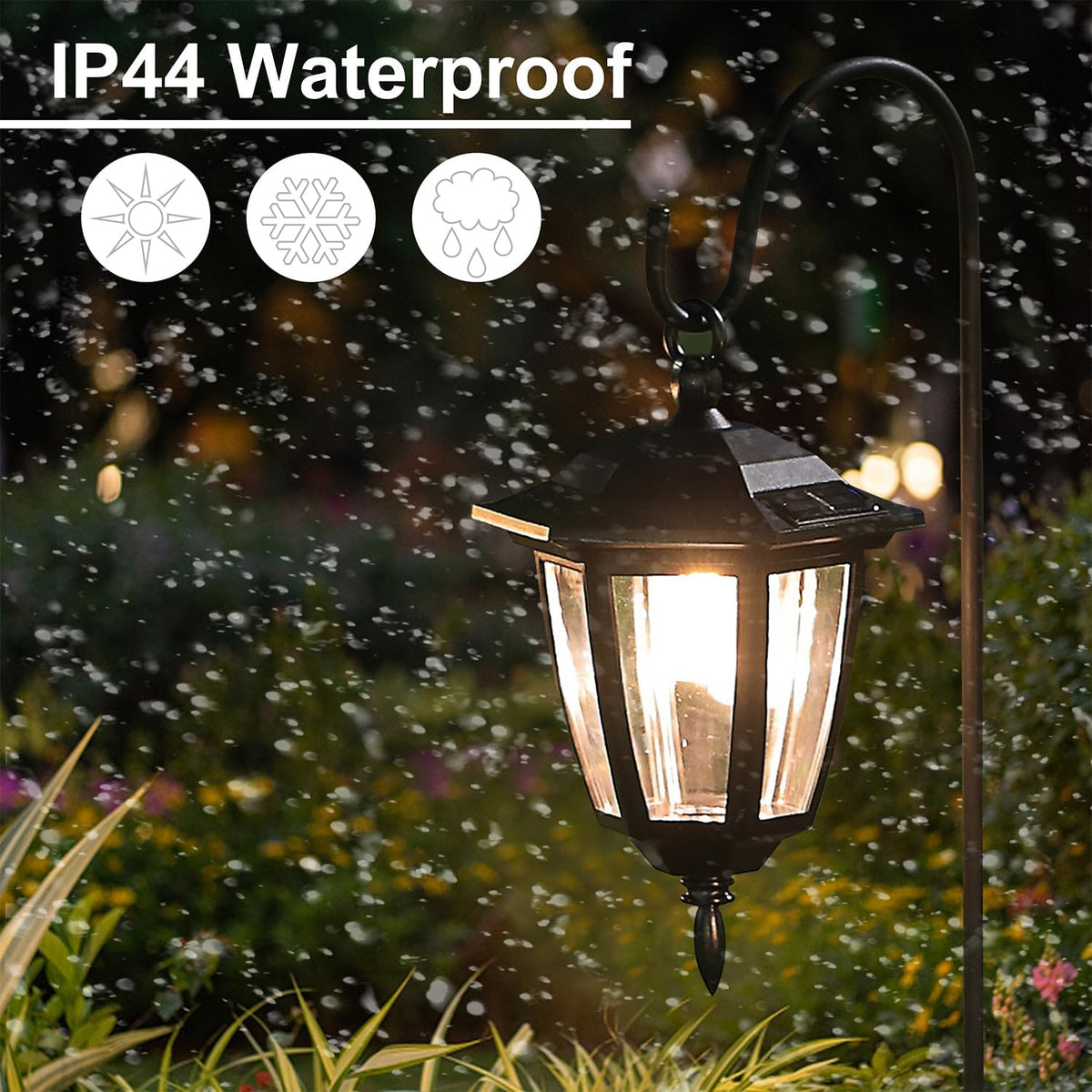 Dynaming 6 Pack Solar Hanging Lights Outdoor, Solar Powered Garden Decorative Lanterns with 6 x 38 Inch Shepherd Hooks, Waterproof Landscape Lighting for Lawn Patio Yard Pathway Driveway, Warm White