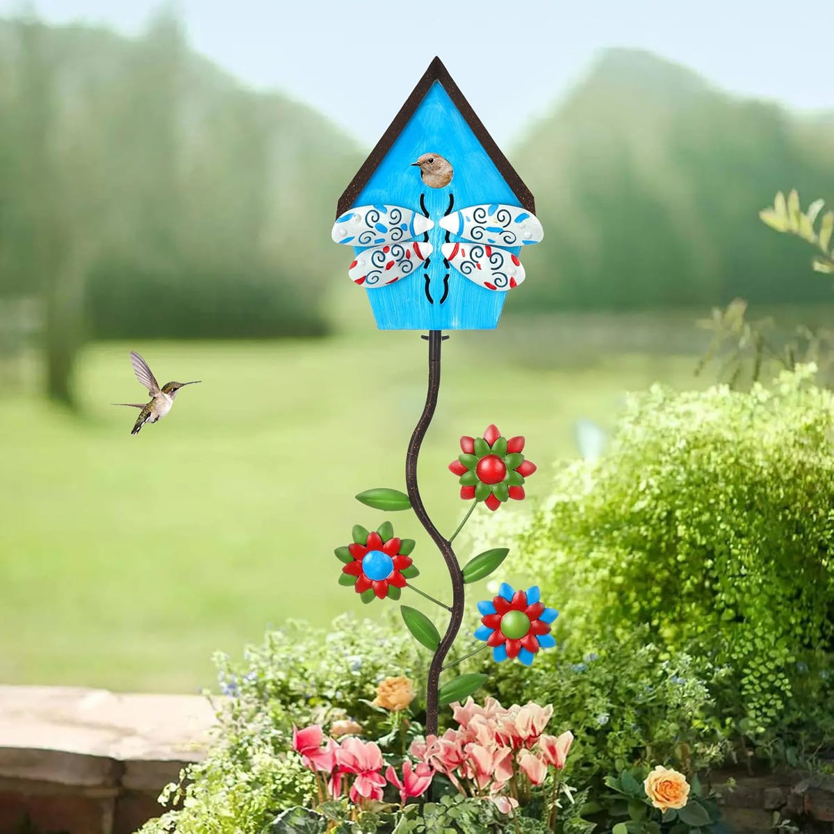 51” Bird Houses Stake for Outside, Metal Wild Bird Feeder Birdhouse Stake Pole with Dragonfly Design Outdoor Decorations for Patio, Backyard, Garden