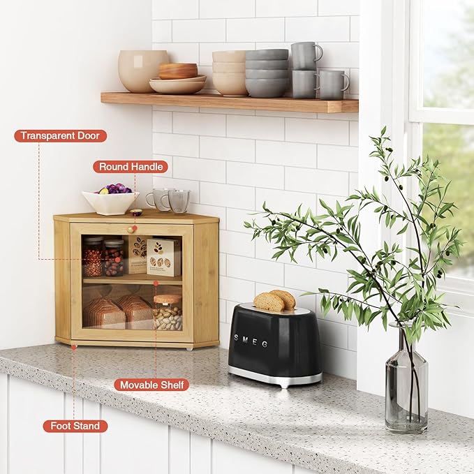 Goozii Bamboo Corner Bread Box for Kitchen Counter, 2 Tier Bread Keeper Wooden Round, Farmhouse Bread Storage Bin for Kitchen Countertop, Counter Organizer for Bread, Cup, Fruit, Spice, Snack