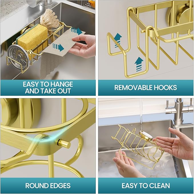 TAILI 4-in-1 Sponge Holder for Kitchen Sink with Strong Suction Cup Removable, Rustproof Stainless Steel Sink Caddy for Sponge, Brush, Scrubber, Scraper -Gold