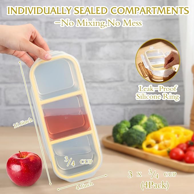 FoldTier 4 Pack Stainless Steel Snack Container for Adults 3-compartment Leak-proof Lunch Box for Work, Travel 10.6 x 4.1 x 2 Inch Stackable Reusable Metal Bento Box(Yellow)