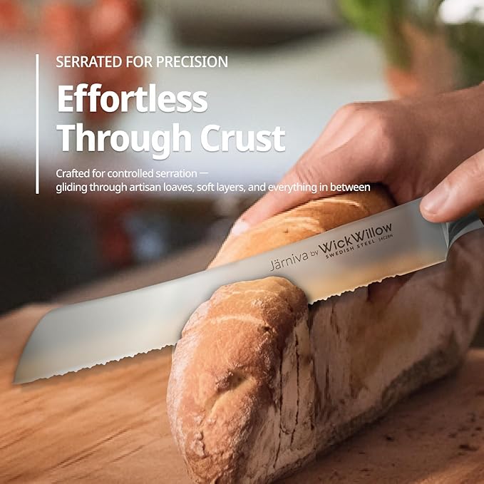 WICKWILLOW 8 Inch Bread Knife – Swedish Steel 14C28N with Italian Olive Wood Handle – Double Serrated Knife for Sourdough & Homemade Bread – Gift Box – Jarniva Series
