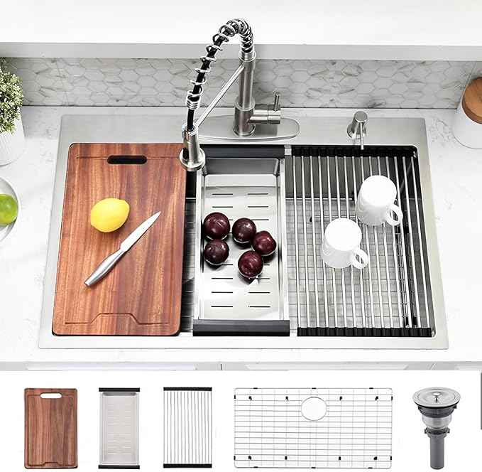 33 Inch Drop In Kitchen Sink Workstation - 33 x 22 Inch Drop In Sinks 16 Gage Stainless Steel Topmount Sinks Single Bowl 10'' Deep Handmade Above the Counter sink with Cutting Board& Strainer