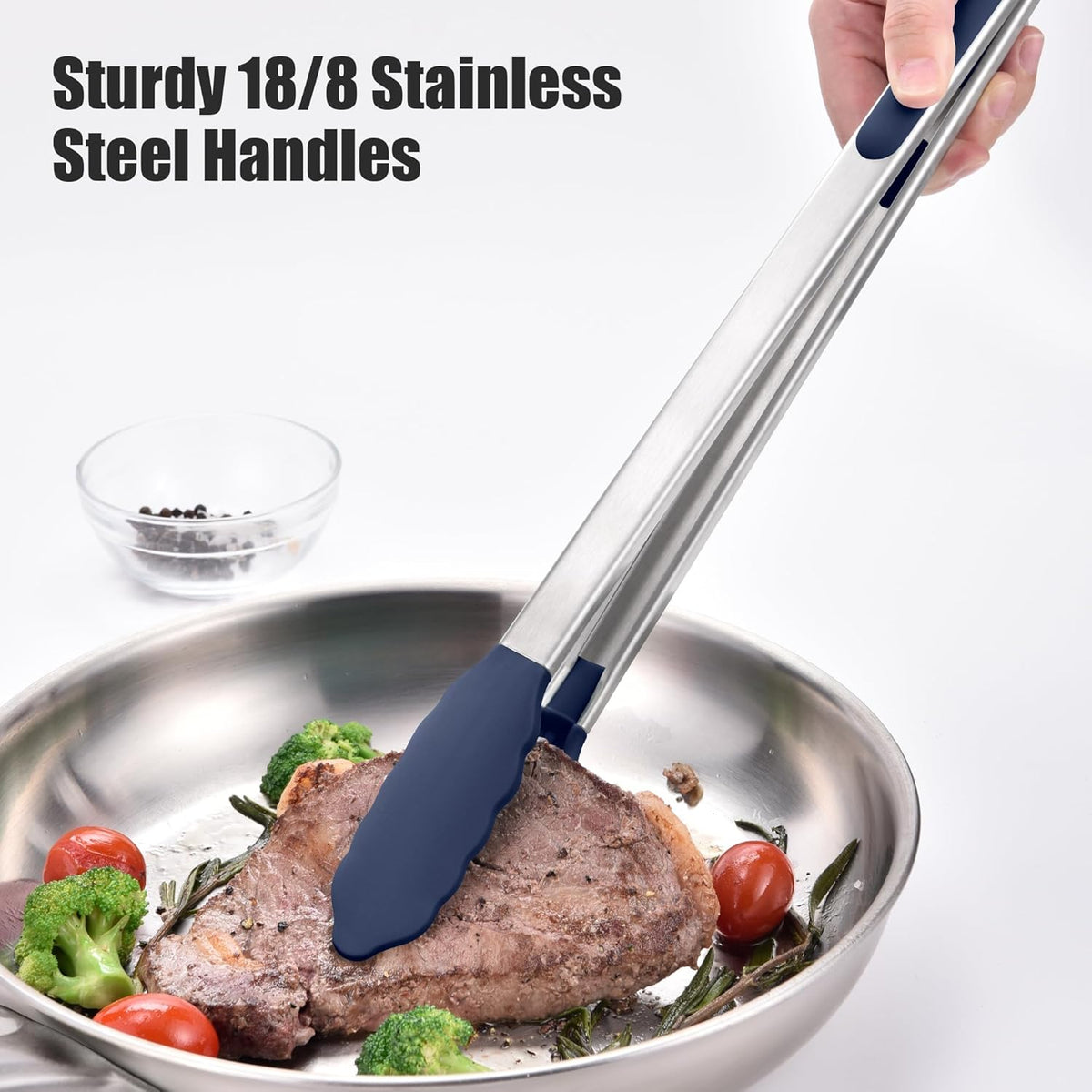 Doosu Kitchen Tongs for Cooking - 600°F Heat Resistant Food Tong with Non-Scratch Silicone Tips, Heavy Duty Stainless Steel Locking Tong for BBQ, Grilling Steak, Serving Salad Pasta (16in, Navy Blue)