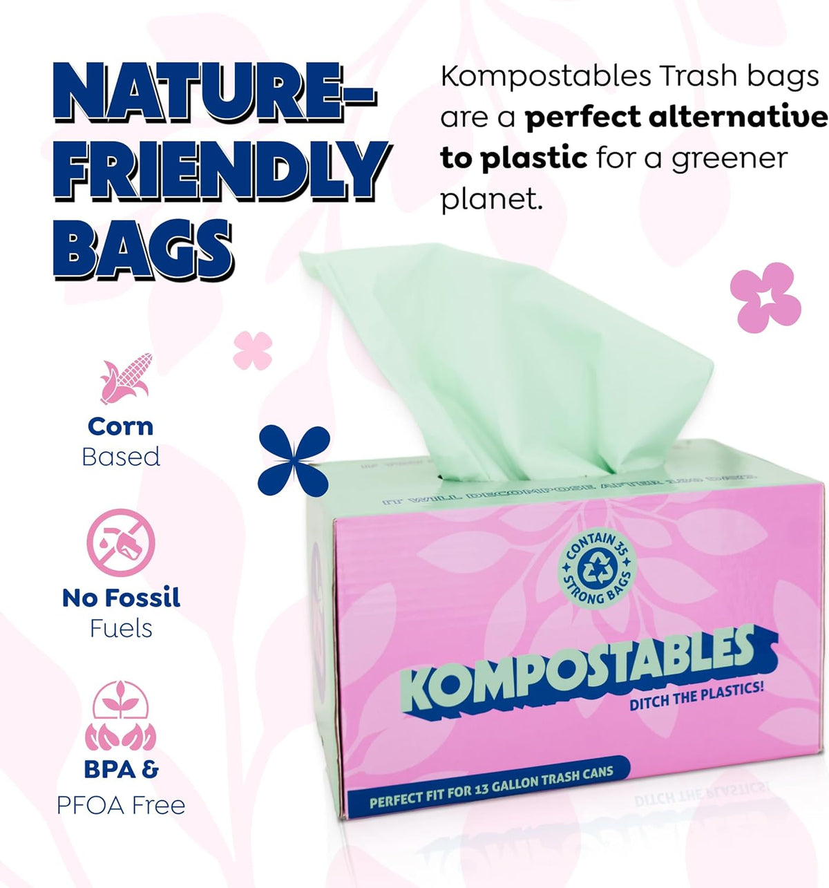 BPI 100% Home Compostable Kitchen Trash Bags, 13 Gallon 1.5 Mil Heavy Duty Unscented Plant Based Bags w/Handles, Tall Biodegradable Garbage, Compost & Food Scrap Waste Can Liners, 35 Ct