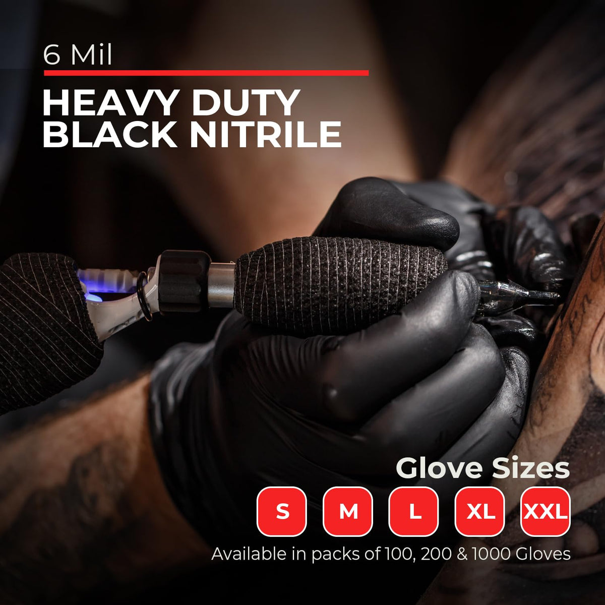 Heavy Duty 6 Mil Black Nitrile Gloves - Disposable, Latex & Powder Free | Mechanic, Food Prep & Tattoo | Rubber Gloves for Cooking, Cleaning & Household | Pack of (200)