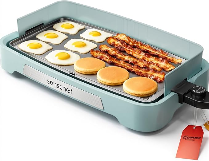 Cleansnap Everyday Electric Griddle,The Ultimate Gift for Family Feasts - 20” Nonstick Grill with Foldable Anti-Mess Shield, Rapid 1700W Heat & PPG Ceramic Coating, Dishwasher Safe, Saga Blue