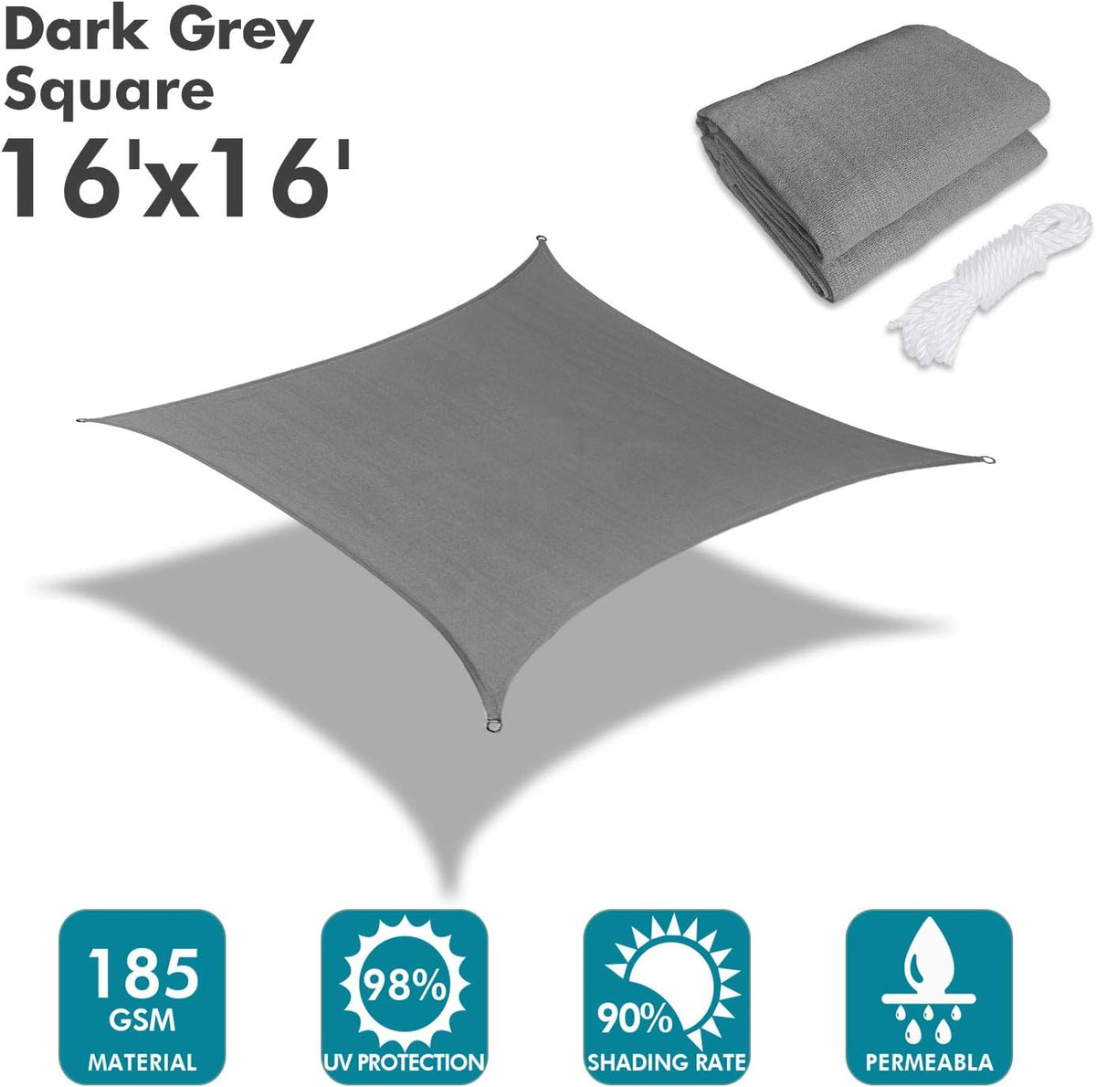 KANAGAWA Sun Shade Sail 16'x16' Dark Gray Rectangle UV Block Canopy Cover for Patio Backyard Lawn Garden Outdoor Activities
