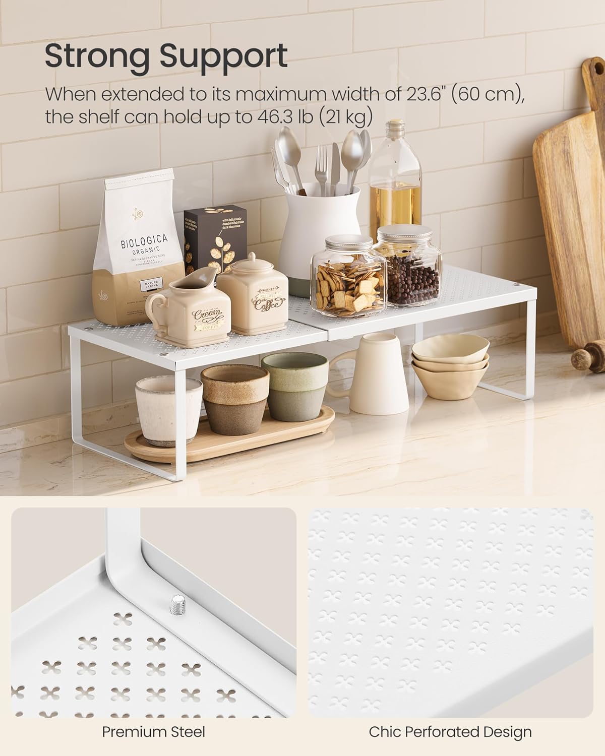 SONGMICS Set of 2 Expandable Pantry Kitchen Organizers, Adjustable Spice Rack, Stackable Cabinet Organizers, Metal, Space-Saving Tabletop Shelves, Matte White UKCS402W01