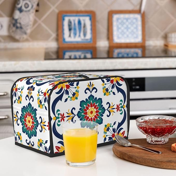 Traditional Mexican Trible Toaster Cover 2 Slice, Cute Rural Bread Machine Cover, Washable Dust-Proof Cover for Kitchen Small Appliance Cover,with Top Handle