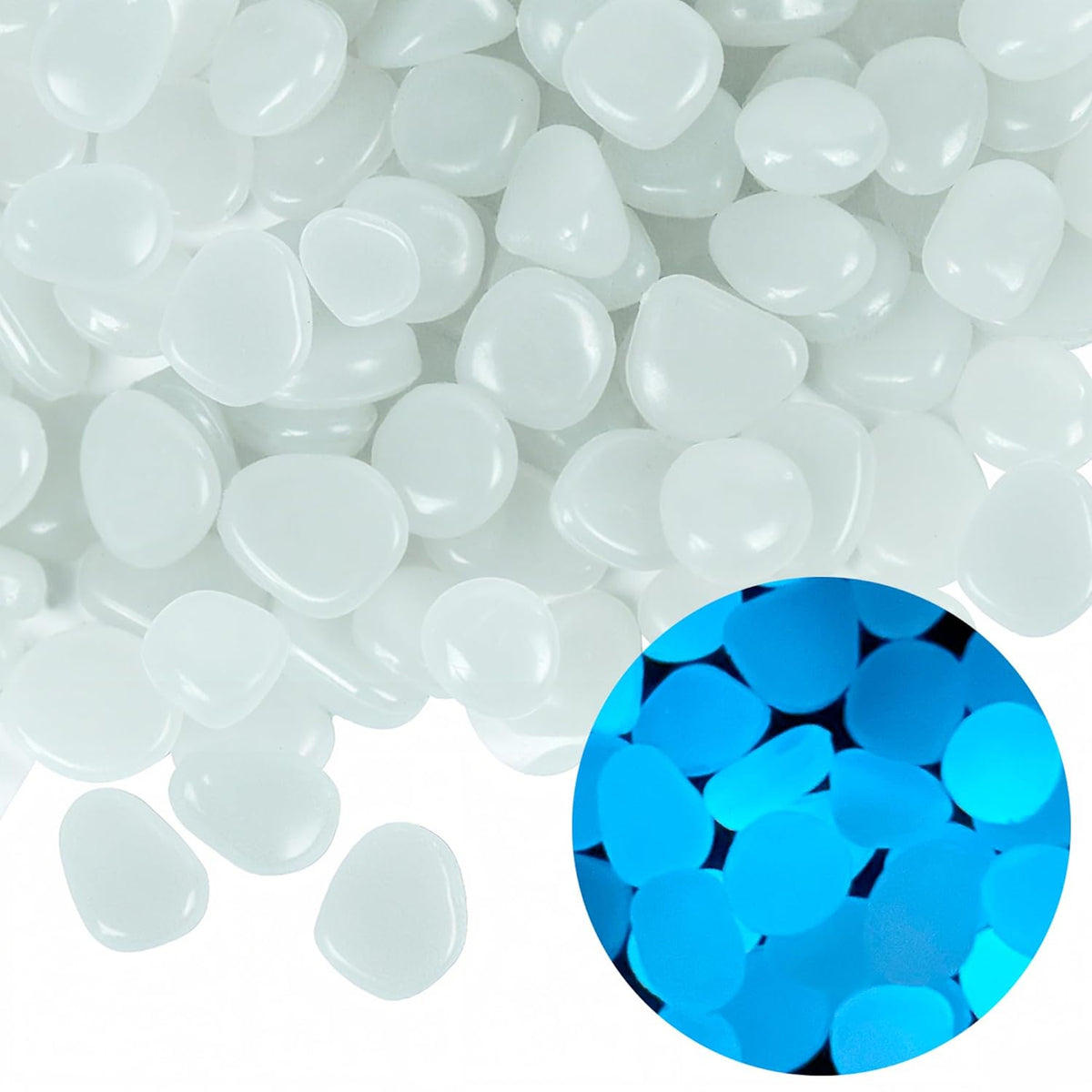 Oubest Glow in The Dark Rocks for Outdoor Landscaping Garden Stones, 0.8 Inch White Glow Pebbles Luminous Stones Decorative Rocks for Vases Pathway Walkway Yard Patio Fountain Driveway, 150PCS, White