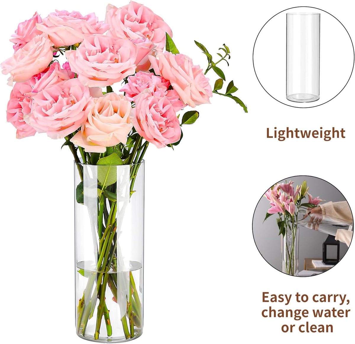 Clear Flower Vase, Non-breakable Vases, 4" W x 4" H, Acrylic Vase, Aesthetic Room Decor Cylindrical Modern Flower Vases for Table Centerpiece, Home Decor, Women Floral Arrangement Gift