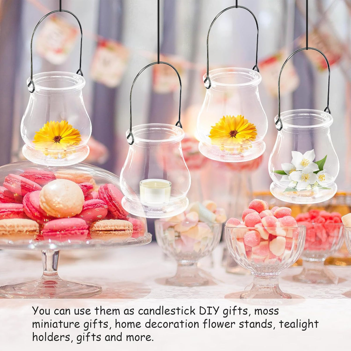 Cabilock 4pcs Hanging Candle Holders, Clear Tealight Holder, Hanging Glass Vase, Fillable Plant Succulent Vase Hanger for Party Wedding Decoration