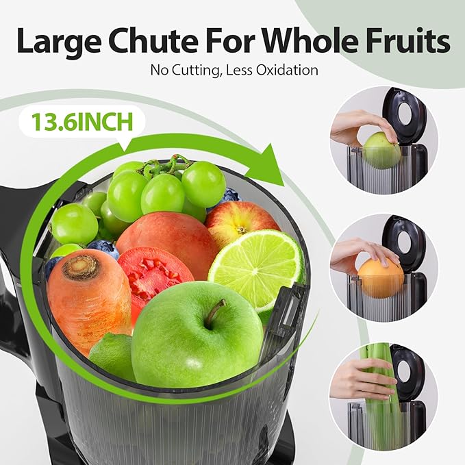 Cold Press Juicer Fits Whole Fruits, Aeitto Masticating Juicer Machines with Wide Feed Chute, Juice Extractor Machine Easy to Clean, High Juice Yield, Easy to Assemble, Self Feeding