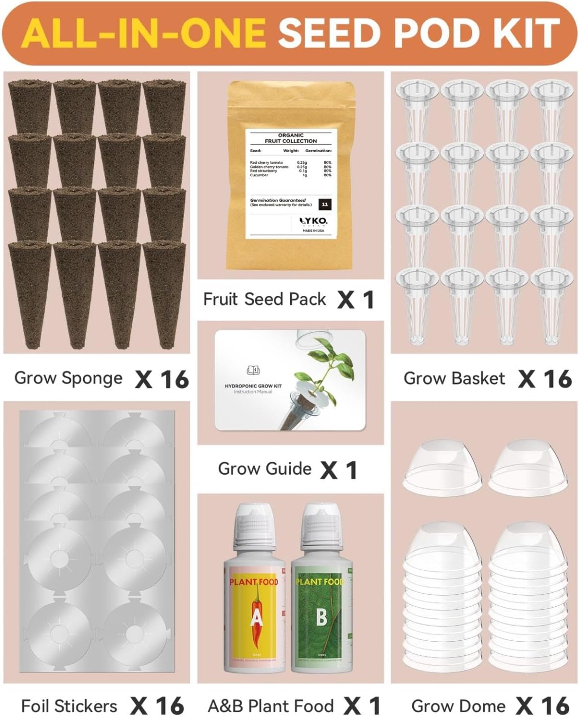 Fruits Seed Pod Kit for AeroGarden, Ahopegarden, iDoo, GARDENCUBE, MUFGA with Strawberry, Cucumber, Red/Golden Cherry Tomato, Compatible with All Indoor Hydroponics Growing System, 16-Pod