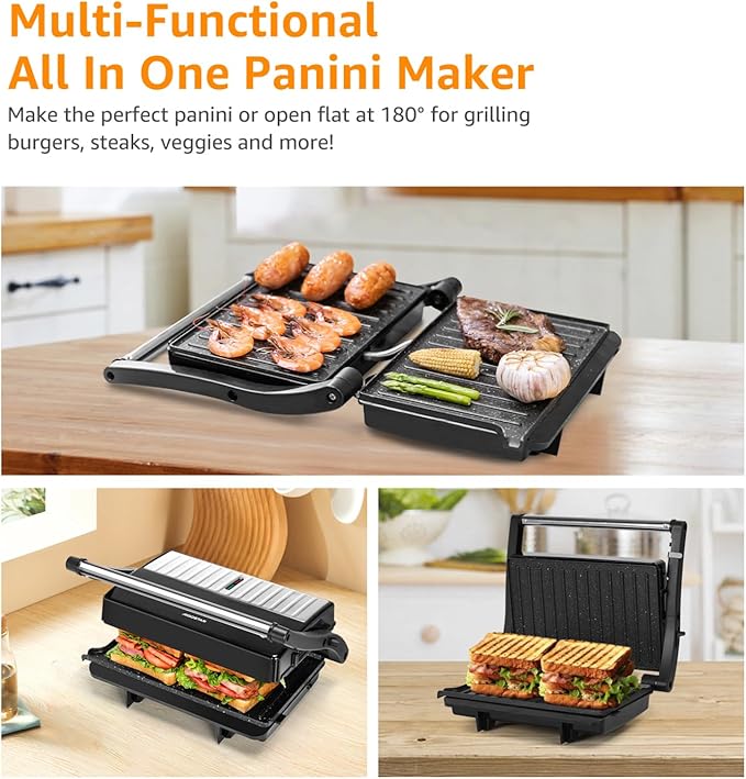 Panini Press Grill, Aigostar 1000W Sandwich Maker with Ceramic Non-stick Plates, Opens 180 Degrees for Any Size Food, 3-in-1 Sandwich Press Electric Grill, Drip Spout & Locking Lid, Sliver