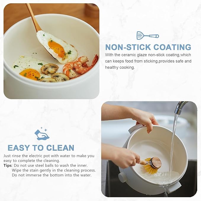 Hot Pot Electric,2L Ceramic Glaze Non-Stick Pan, Portable Hot Pot with Dual Power Adjustment, Electric Cooker for Egg, Ramen, Oatmeal,Soup Quick Heating and Overheat Protection