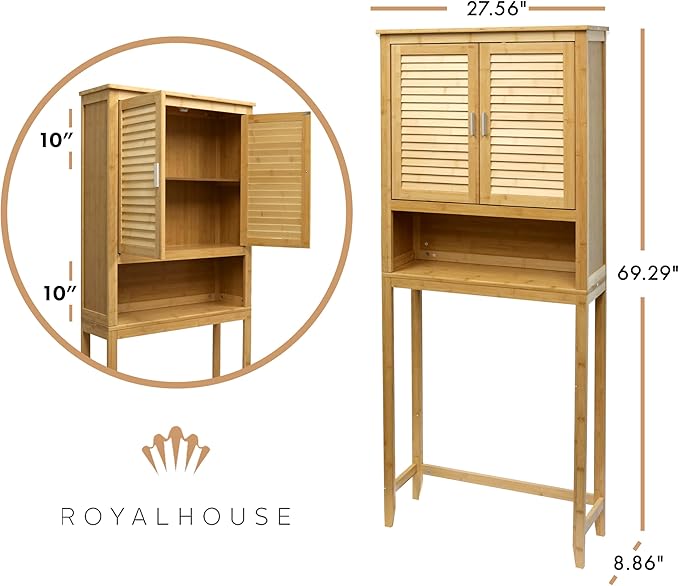 RoyalHouse Bamboo Over The Toilet Storage Cabinet with Bottom Shelf, Free Standing Storage Cabinet, Perfect Bathroom Space Saver with Double Door Organizer
