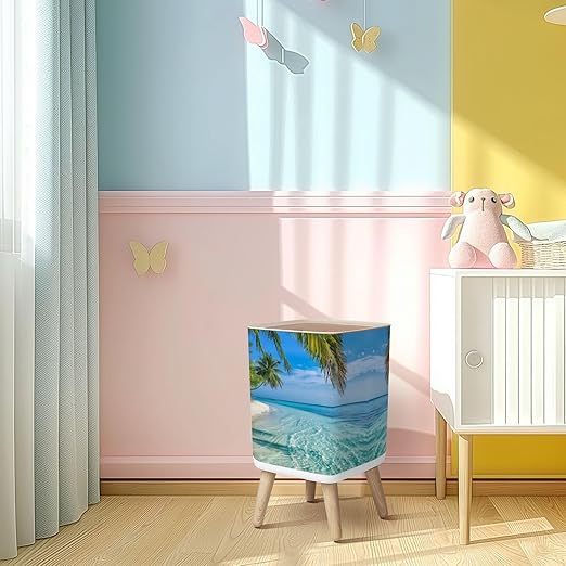Small Trash Can with Lid Maldives Island Wastebasket with Press Cover Dog Proof Garbage Can Waste Bin for Kitchen Bathroom Nursery 2.6 Gallon