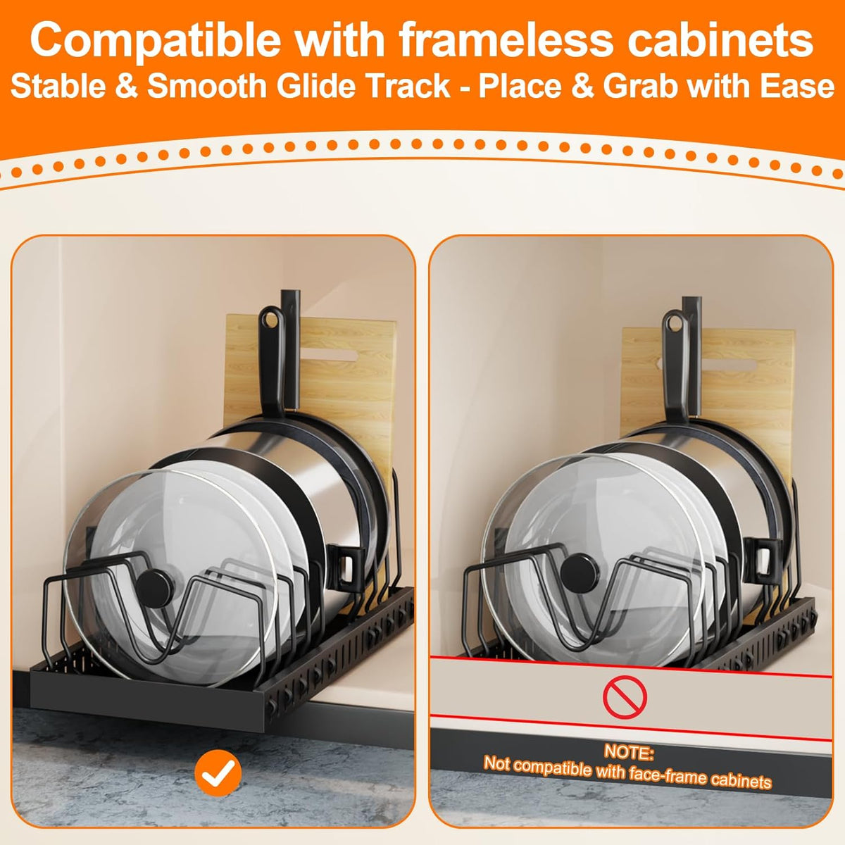 Pots and Pans Organizer for under Cabinet Pull Out Cabinet Organizer Sliding Pot and Pan Organizer in Kitchen, Cabinet Pull Out Shelves, for Pots, Lids and Pan Organizer with Two Types of Shelves