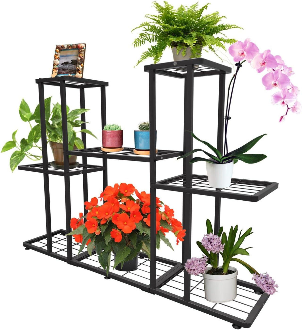 3 Tier 8 Potted Metal Large Plant Stand for Indoor Outdoor Flower Pot Display Planter Shelf, Charcoal Grey