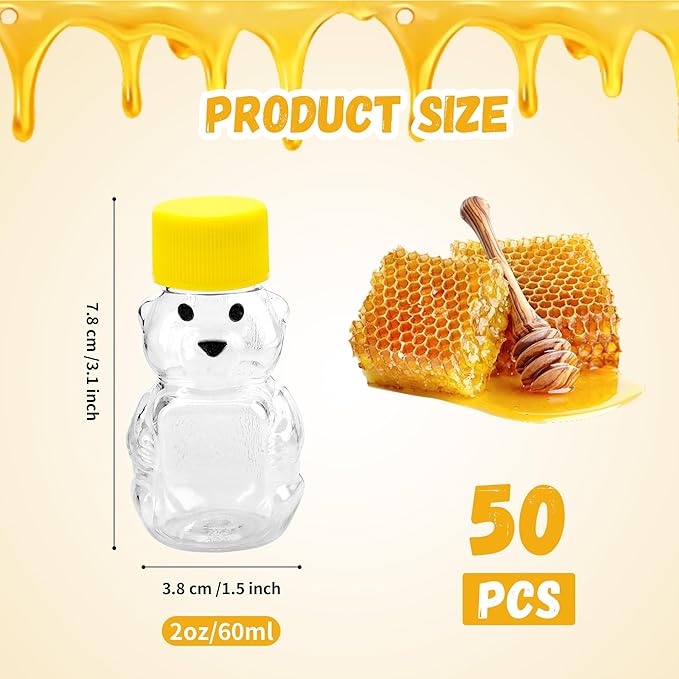 50 Pack 2 oz Honey Bear Bottle Plastic, Reusable Plastic Honey Bear Jars Bulk with Yellow Lid for Storing and Dispensing(60ml /2oz)