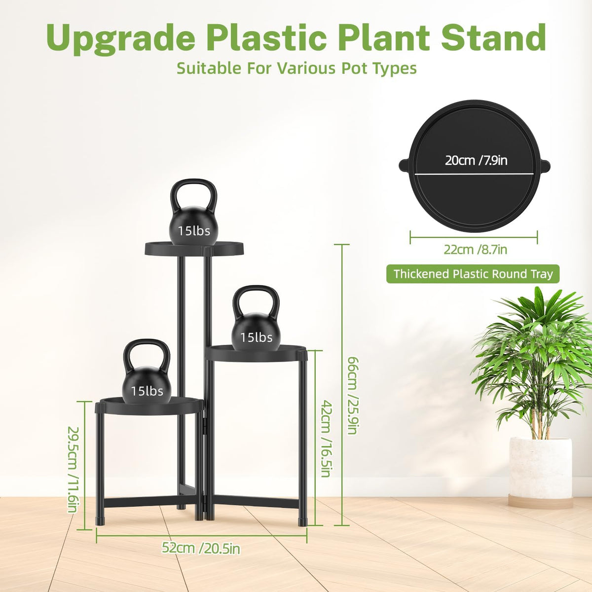 iDavosic.ly 3 Tier Folding Plant Stand Indoor Outdoor with Plastic Tray, Tiered Corner Flower Holder Shelf, Metal Orchid Display Rack for Patio Porch Living Room Garden Balcony, Modern Black