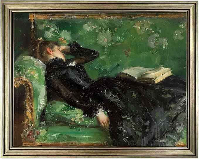 Framed Vintage Woman Reading Book Canvas Wall Art Moody Black and Green Oil Painting Living Room Bedroom Decor Home Artwork